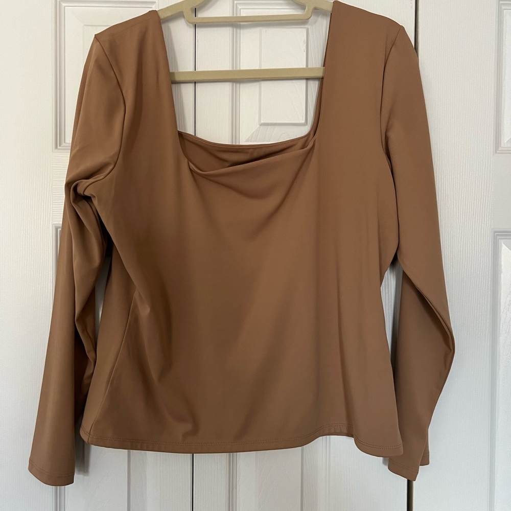 Express Body Contour Brown Long Sleeve Square Neck Top